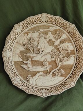 Hand-Carved Oriental Ivory Dynasty Decorative Wall Plate in Cream and Brown